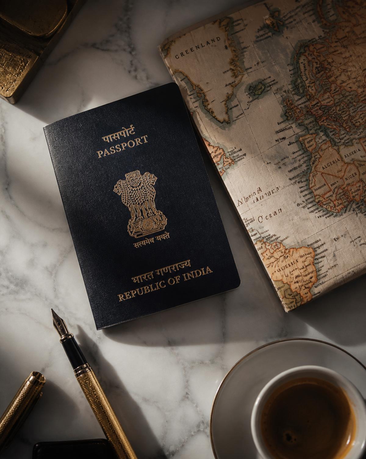 Dark leather passport on marble beside a gold pen and espresso